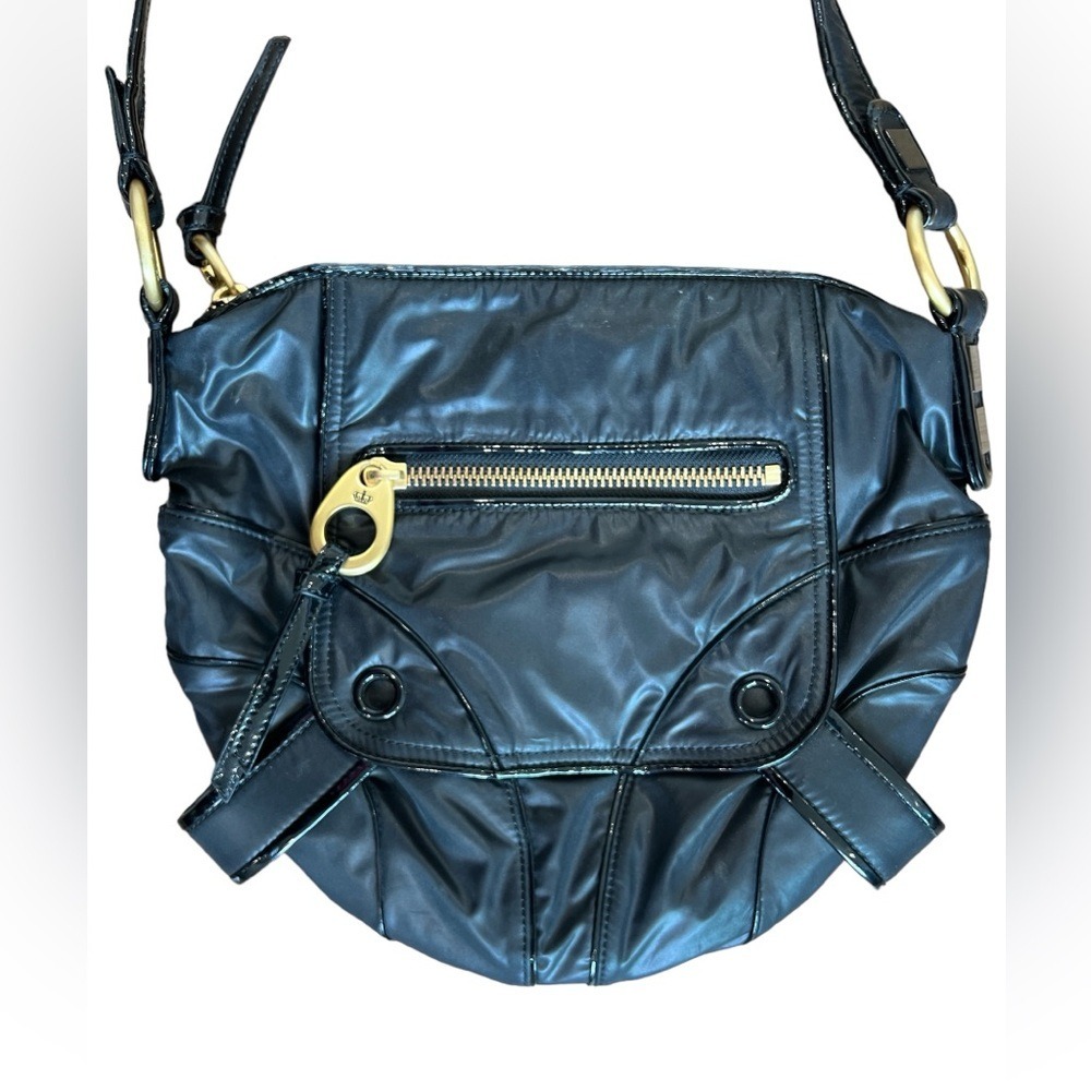 Juicy Couture Black Nylon Patent Trim Hobo Shoulder Bag Gold Crown Charm‎